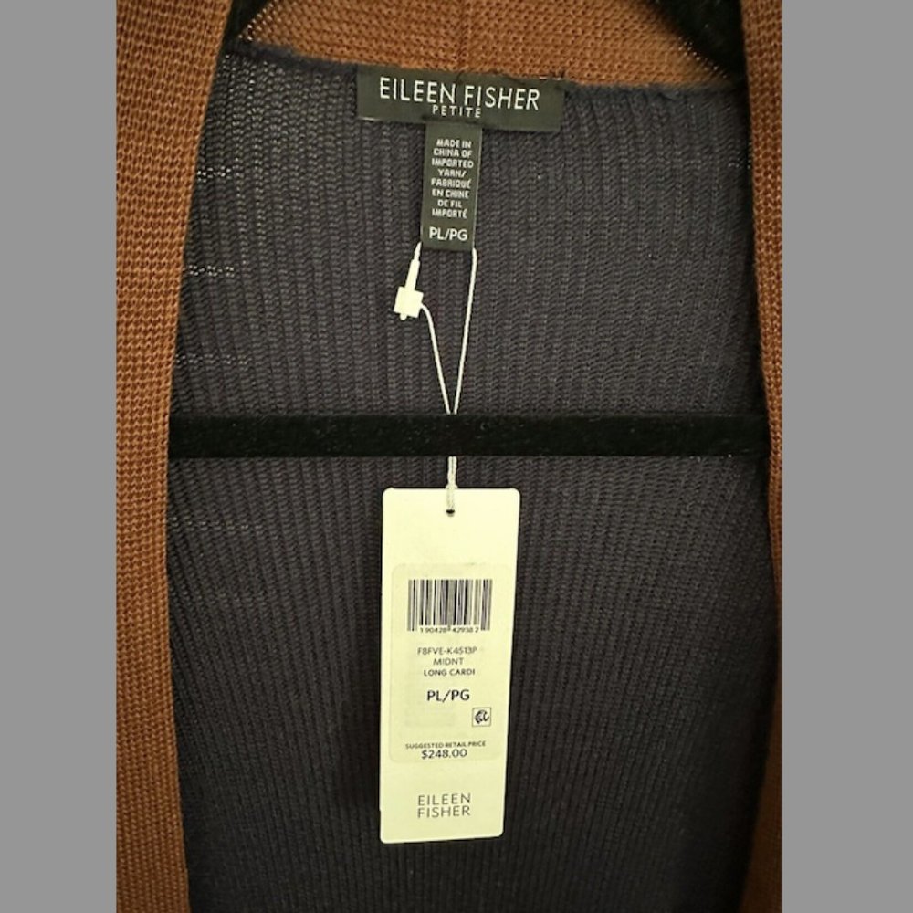 NWT Eileen Fisher Long Open Cardigan Navy/Brown Stripe - Petite Large ($… - Picture 3 of 5